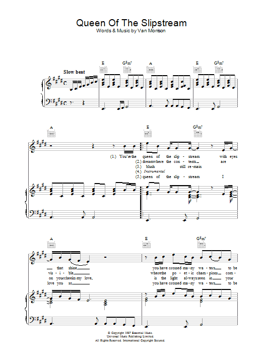 Van Morrison Queen Of The Slipstream Sheet Music Notes & Chords for Piano, Vocal & Guitar (Right-Hand Melody) - Download or Print PDF