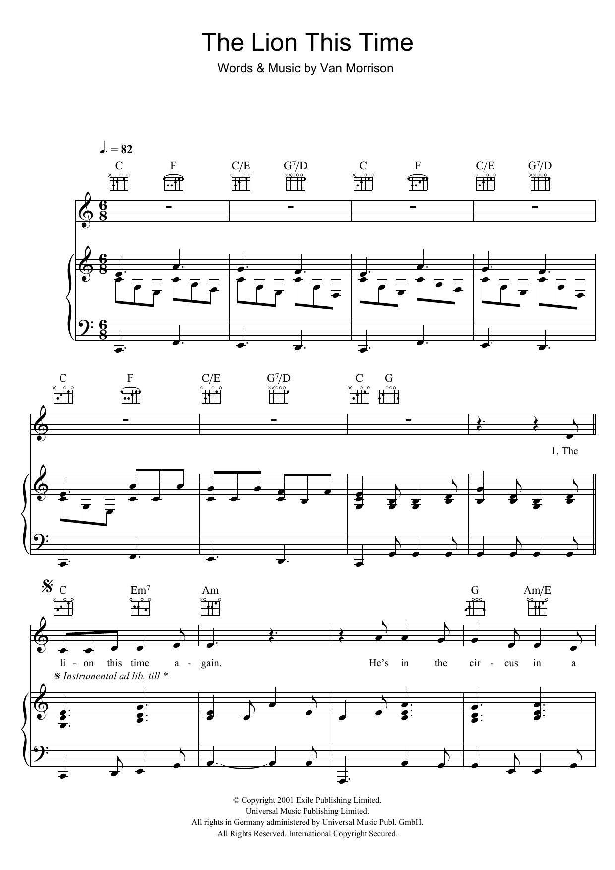 Van Morrison The Lion This Time Sheet Music Notes & Chords for Piano, Vocal & Guitar - Download or Print PDF