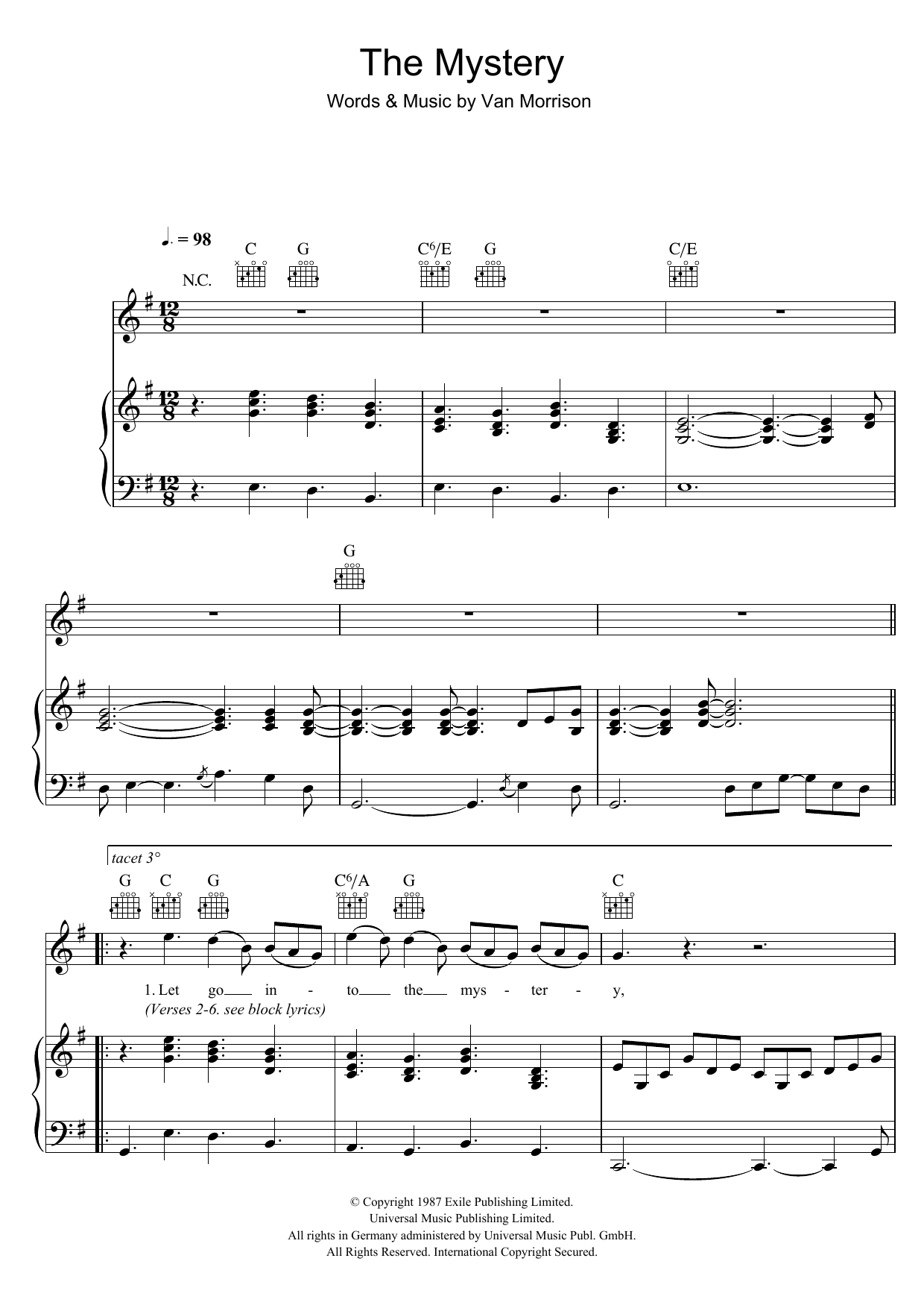 Van Morrison The Mystery Sheet Music Notes & Chords for Piano, Vocal & Guitar - Download or Print PDF