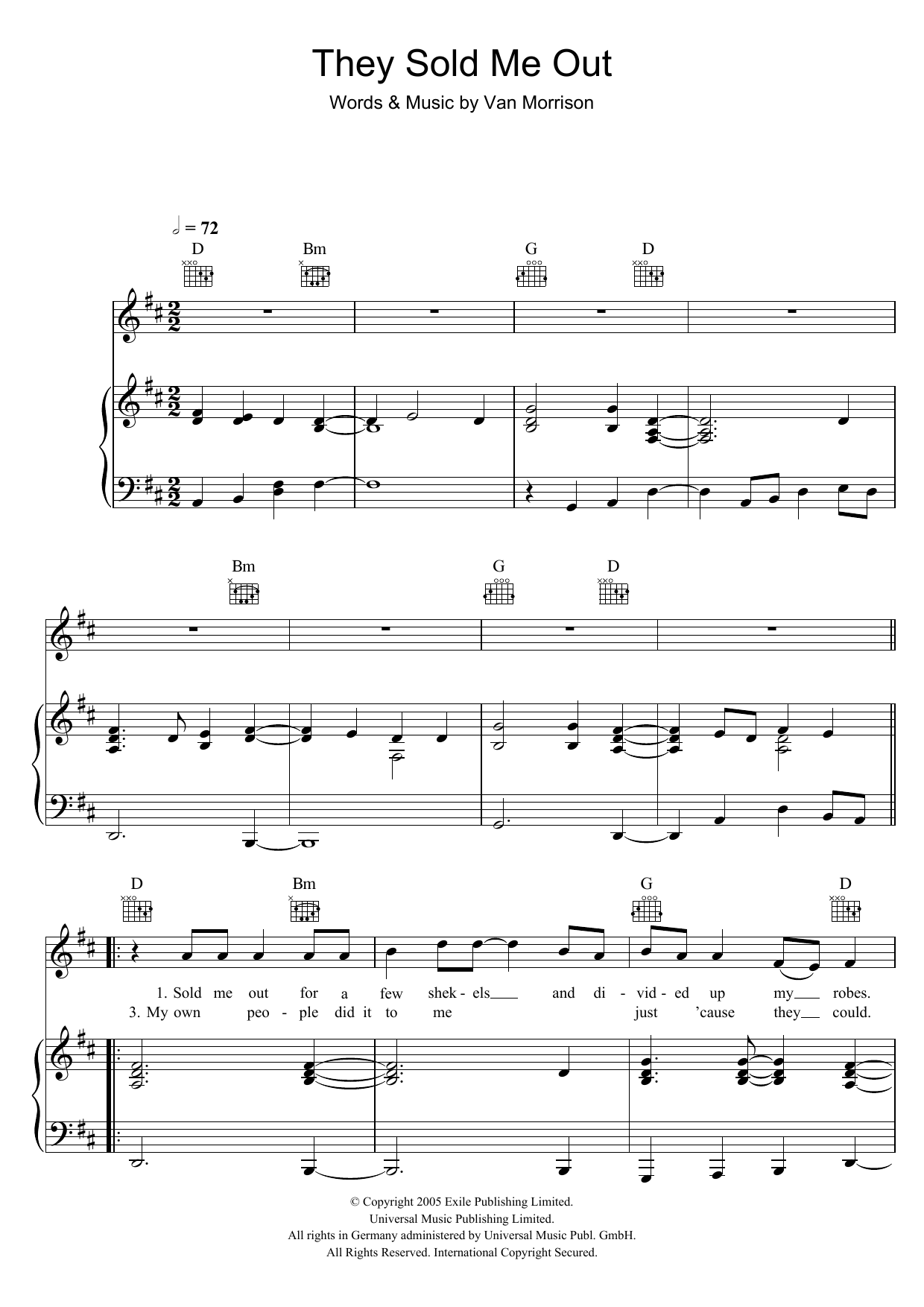 Van Morrison They Sold Me Out Sheet Music Notes & Chords for Piano, Vocal & Guitar - Download or Print PDF