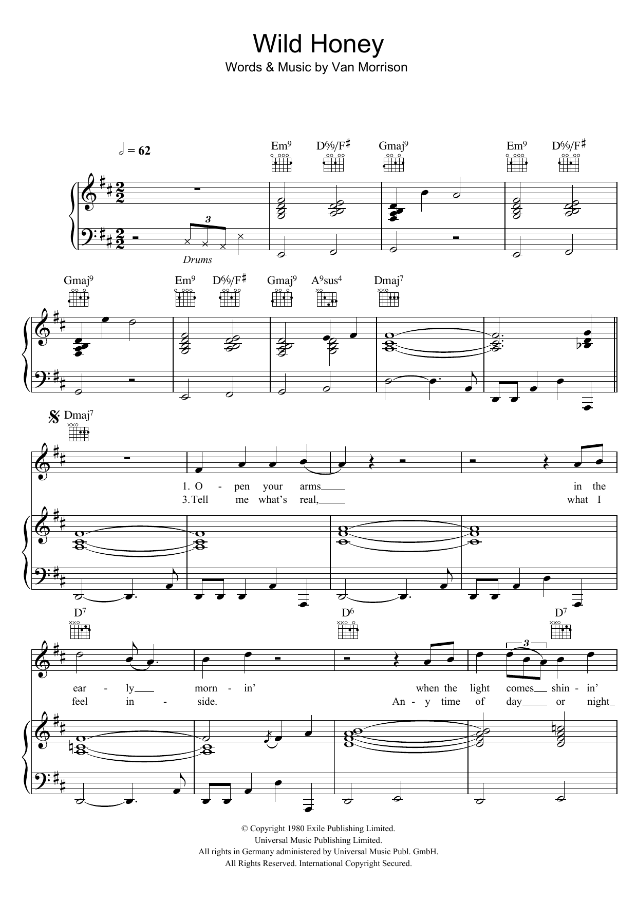 Van Morrison Wild Honey Sheet Music Notes & Chords for Piano, Vocal & Guitar - Download or Print PDF
