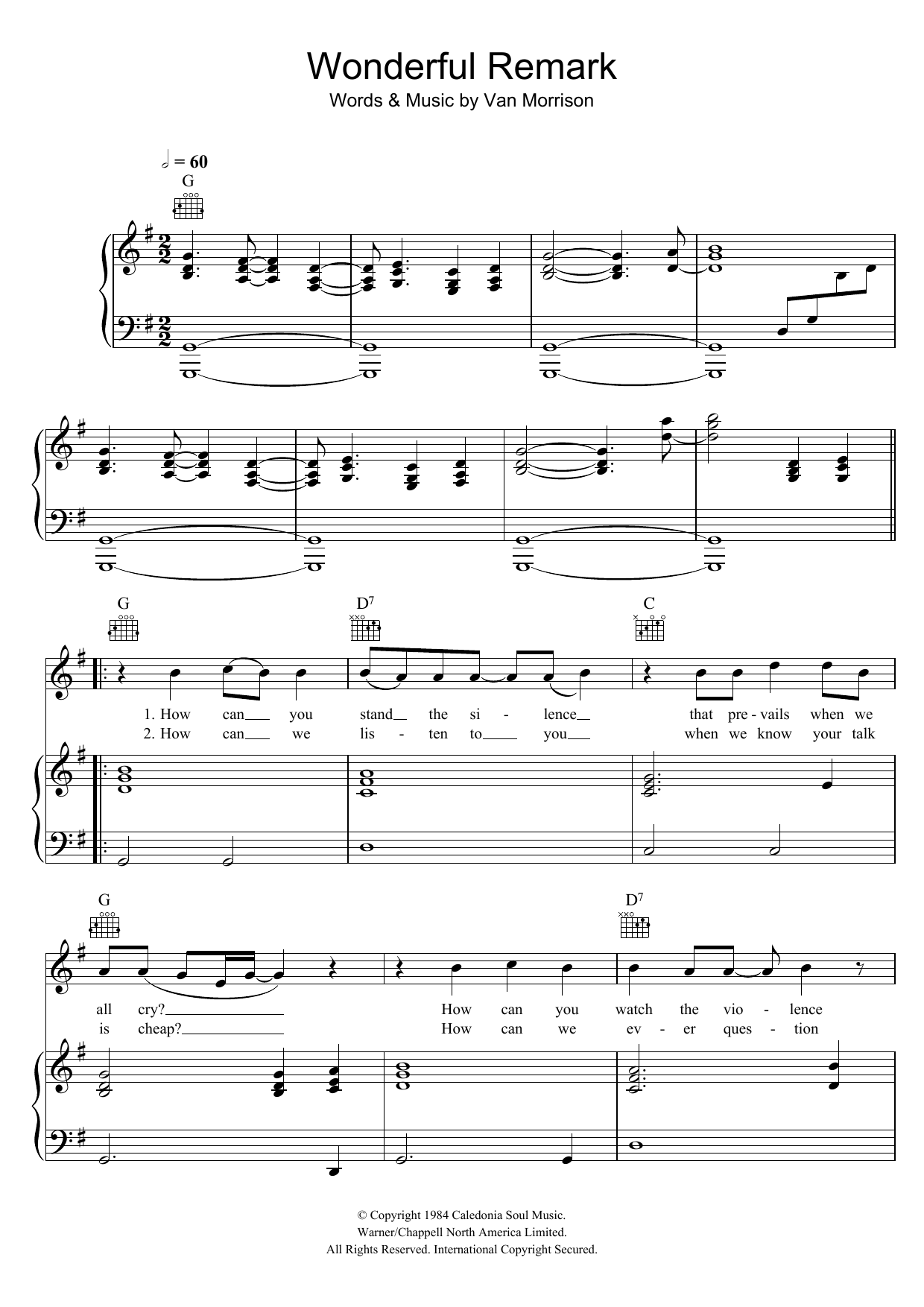 Van Morrison Wonderful Remark Sheet Music Notes & Chords for Piano, Vocal & Guitar - Download or Print PDF