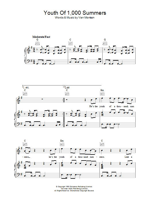 Van Morrison Youth Of 1000 Summers Sheet Music Notes & Chords for Piano, Vocal & Guitar (Right-Hand Melody) - Download or Print PDF