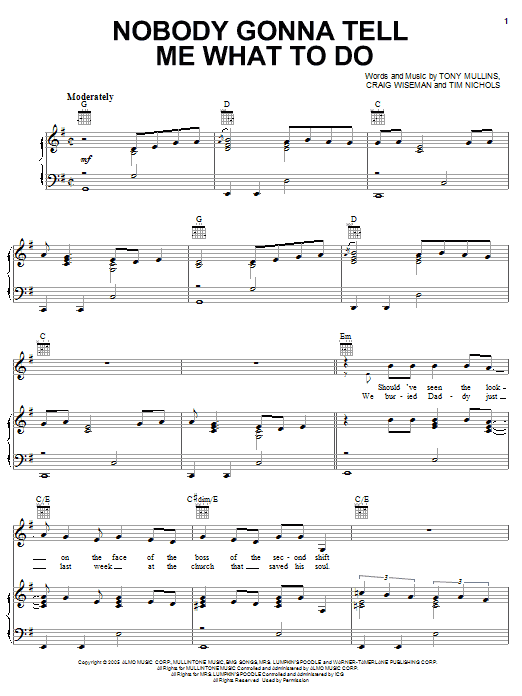 Van Zant Nobody Gonna Tell Me What To Do Sheet Music Notes & Chords for Piano, Vocal & Guitar (Right-Hand Melody) - Download or Print PDF