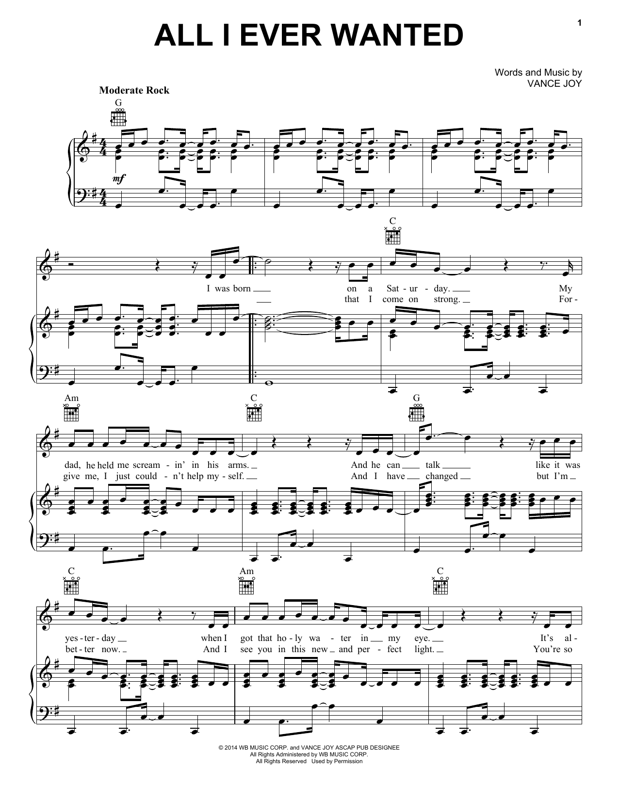 Vance Joy All I Ever Wanted Sheet Music Notes & Chords for Piano, Vocal & Guitar (Right-Hand Melody) - Download or Print PDF