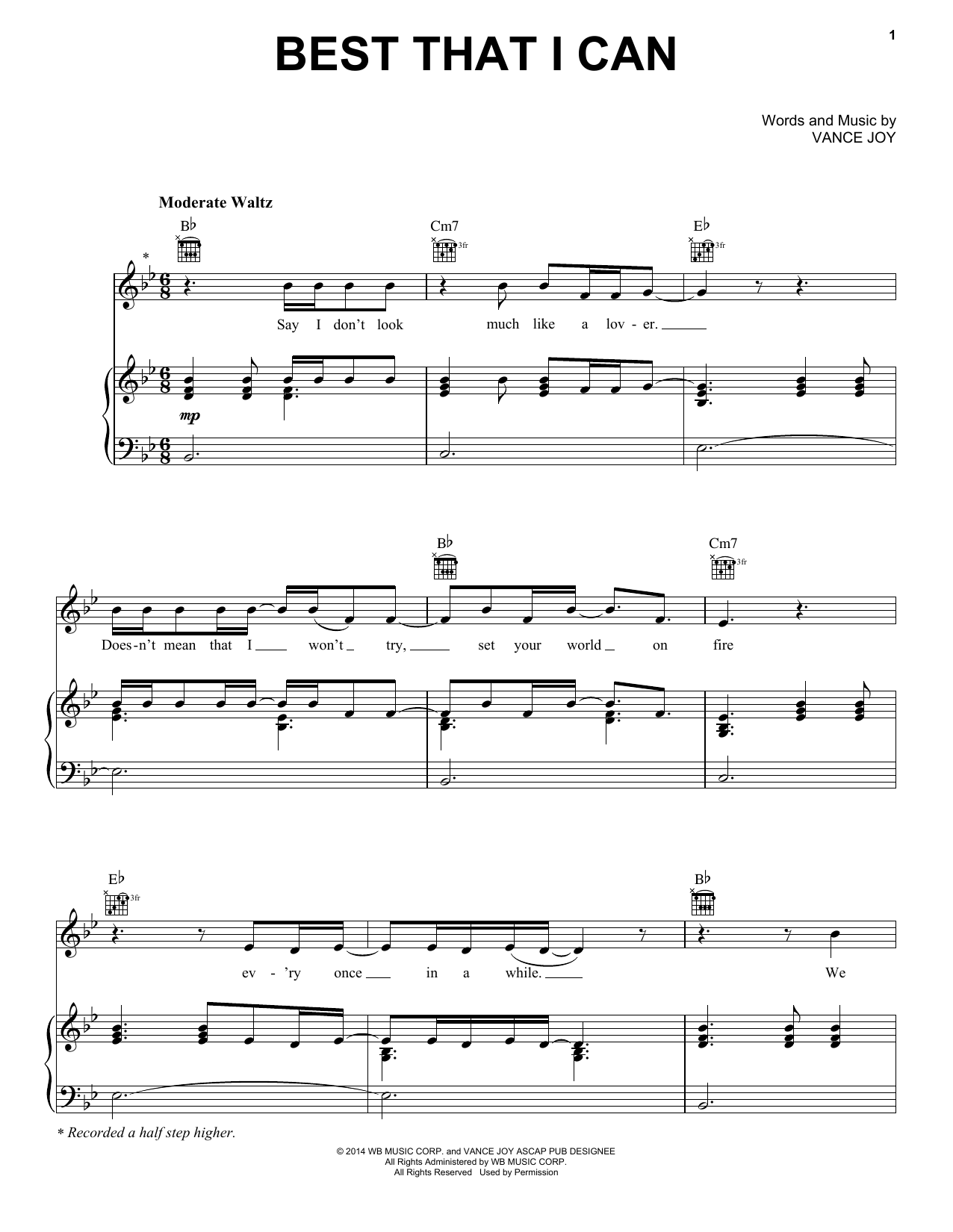 Vance Joy Best That I Can Sheet Music Notes & Chords for Piano, Vocal & Guitar (Right-Hand Melody) - Download or Print PDF