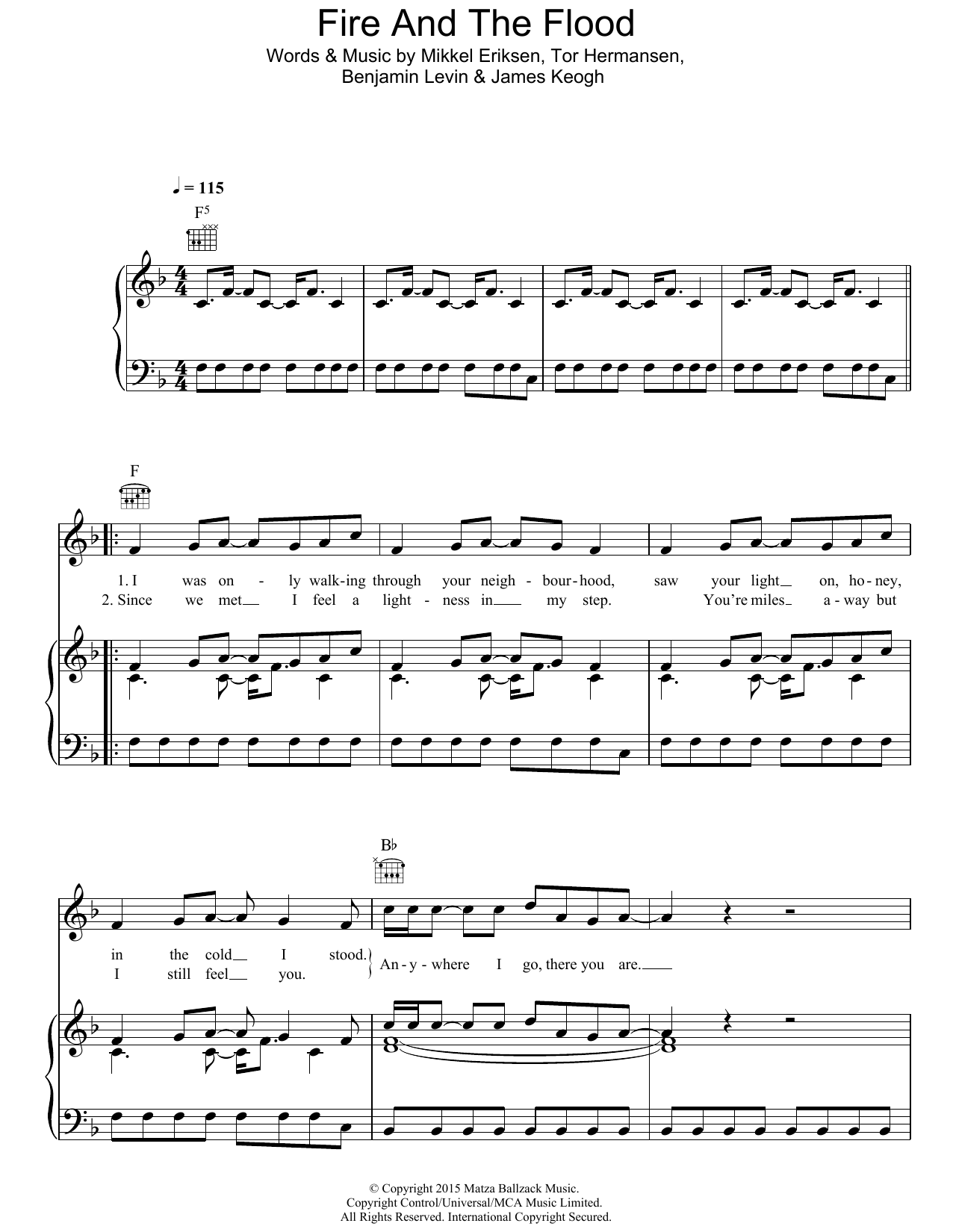 Vance Joy Fire And The Flood Sheet Music Notes & Chords for Piano, Vocal & Guitar (Right-Hand Melody) - Download or Print PDF