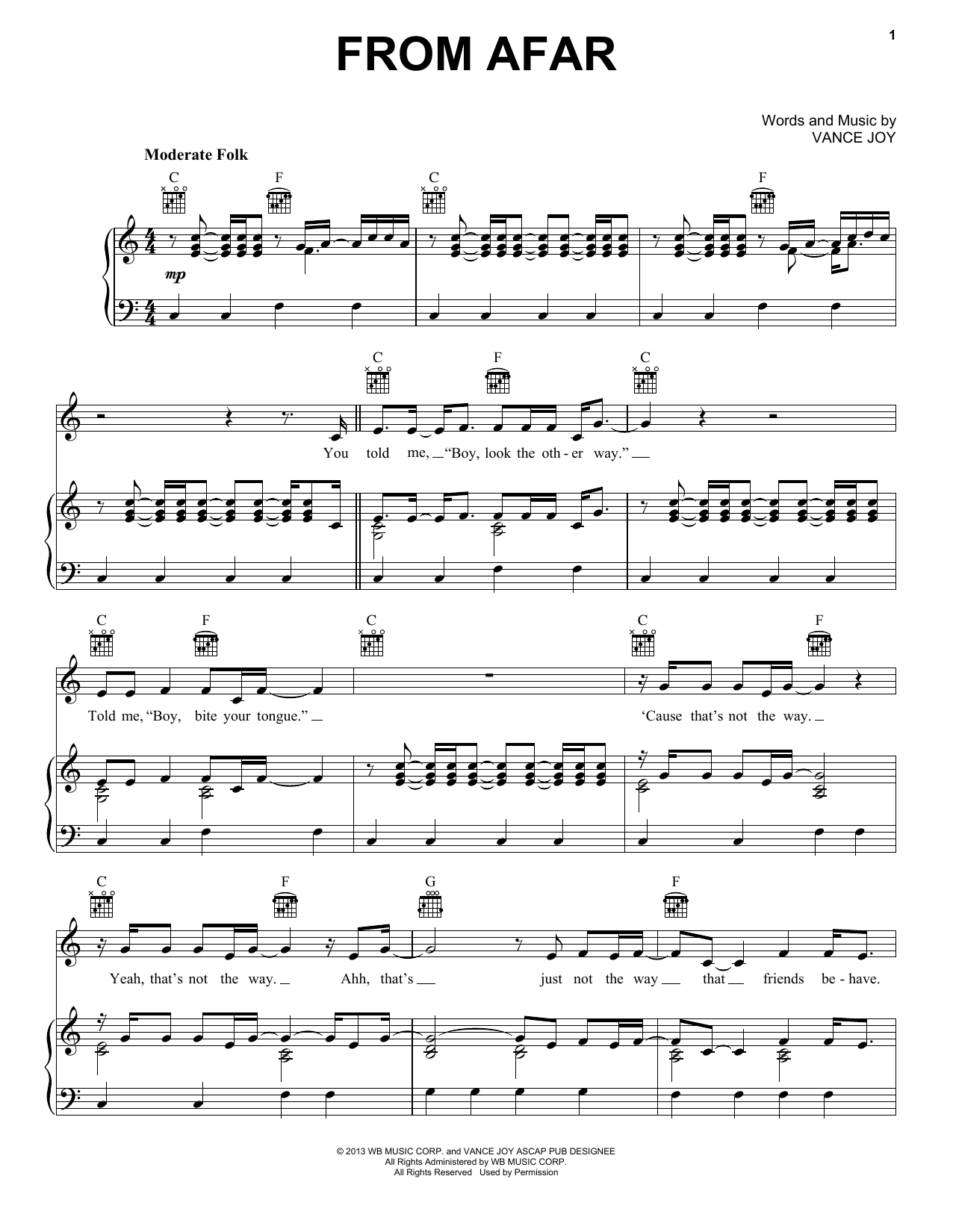 Vance Joy From Afar Sheet Music Notes & Chords for Piano, Vocal & Guitar (Right-Hand Melody) - Download or Print PDF