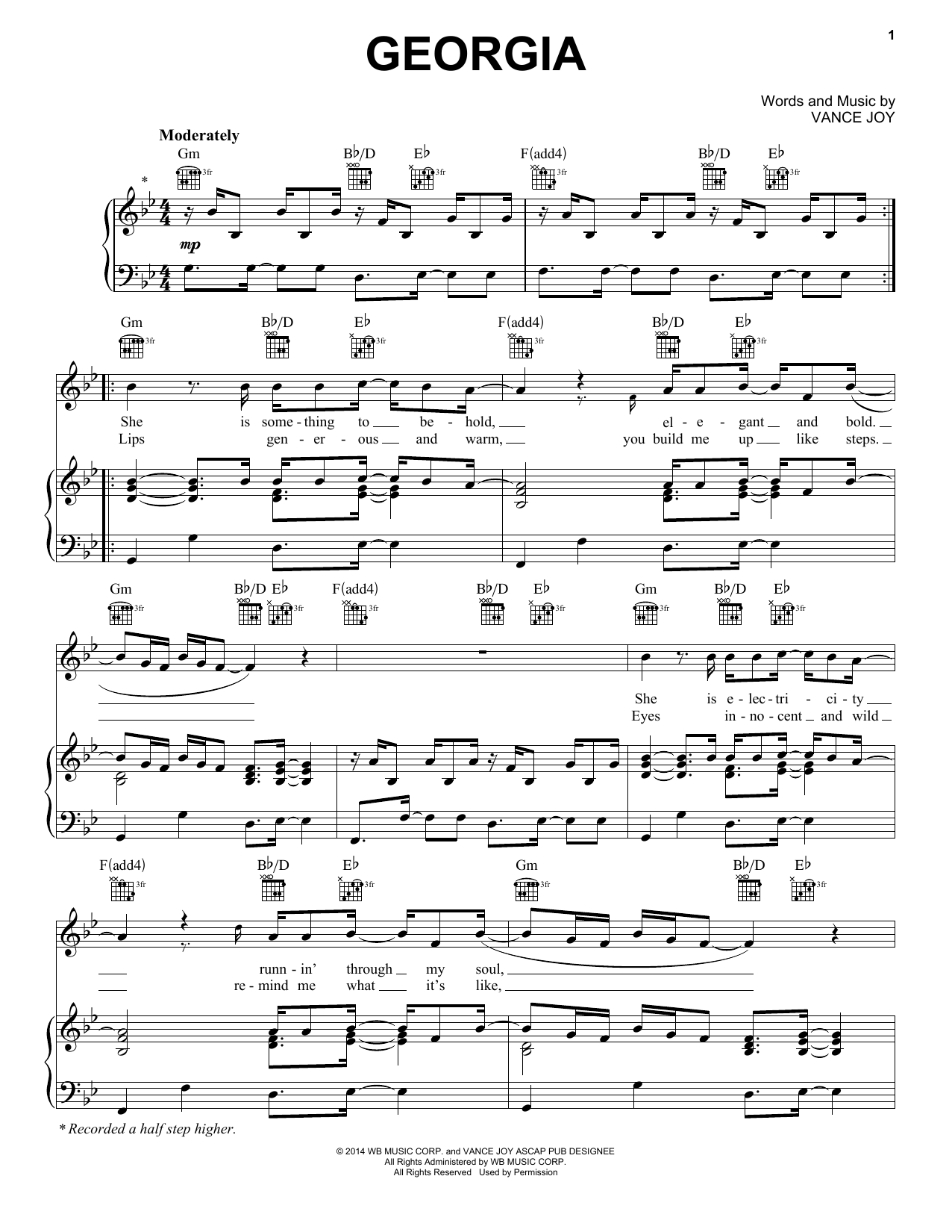 Vance Joy Georgia Sheet Music Notes & Chords for Piano, Vocal & Guitar (Right-Hand Melody) - Download or Print PDF