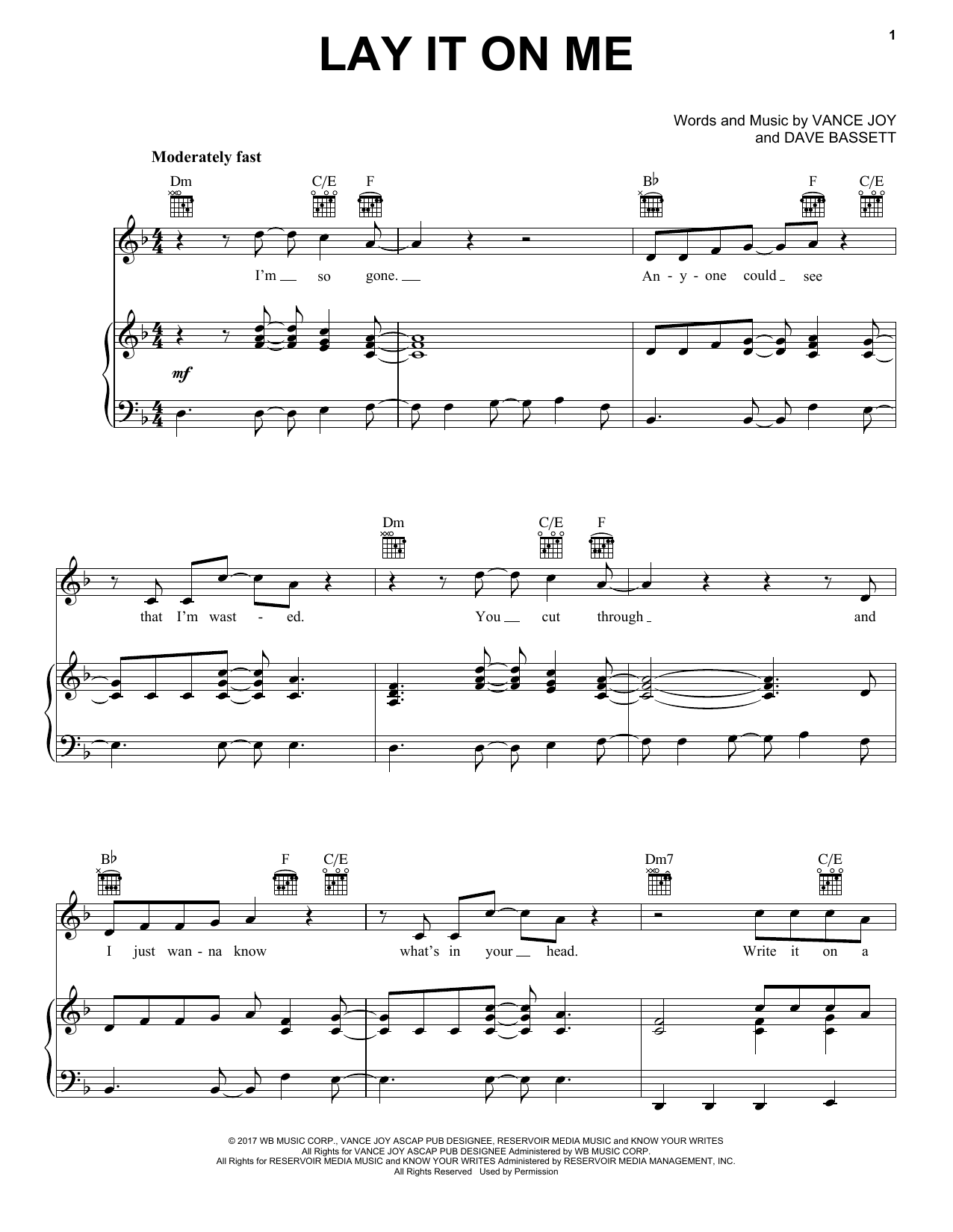 Vance Joy Lay It On Me Sheet Music Notes & Chords for Piano, Vocal & Guitar (Right-Hand Melody) - Download or Print PDF