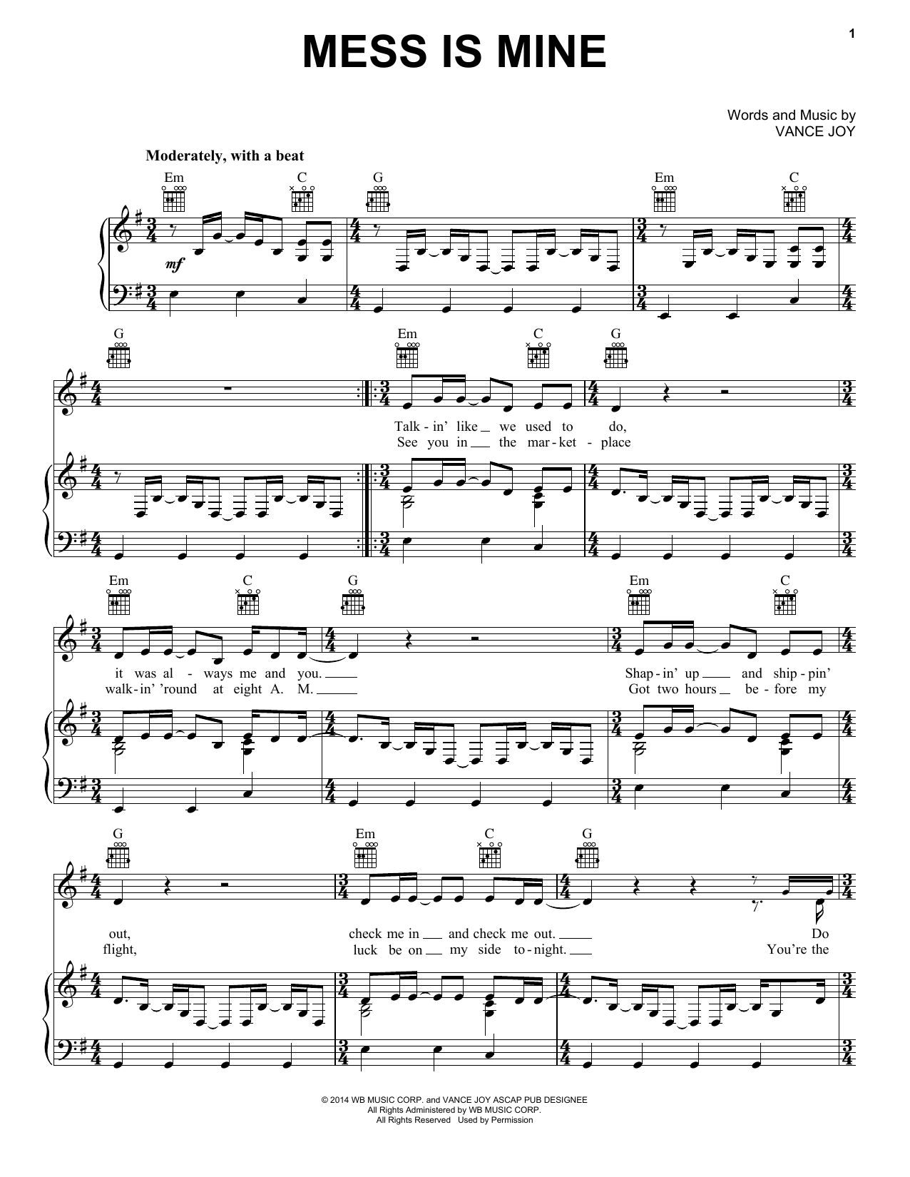 Vance Joy Mess Is Mine Sheet Music Notes & Chords for Piano, Vocal & Guitar (Right-Hand Melody) - Download or Print PDF
