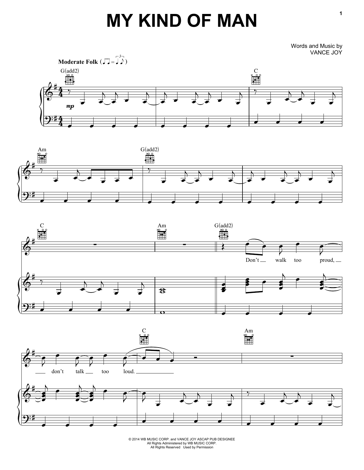 Vance Joy My Kind Of Man Sheet Music Notes & Chords for Piano, Vocal & Guitar (Right-Hand Melody) - Download or Print PDF