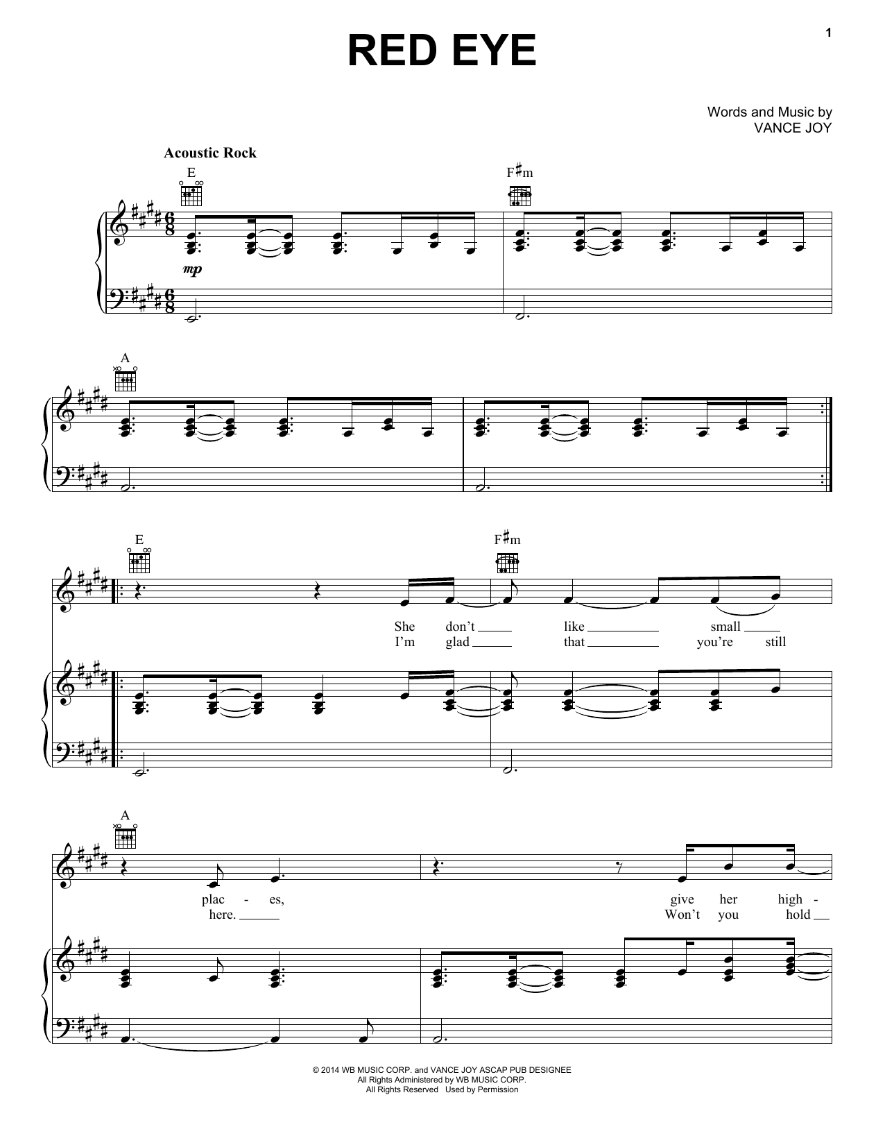 Vance Joy Red Eye Sheet Music Notes & Chords for Piano, Vocal & Guitar (Right-Hand Melody) - Download or Print PDF