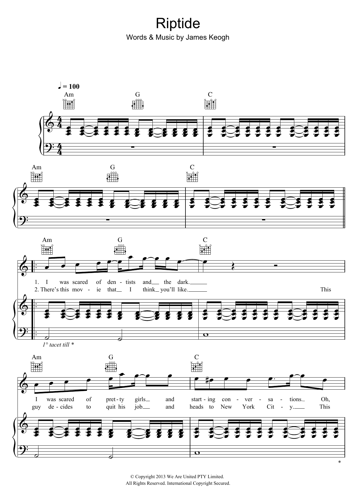 Vance Joy Riptide Sheet Music Notes & Chords for Guitar Tab - Download or Print PDF