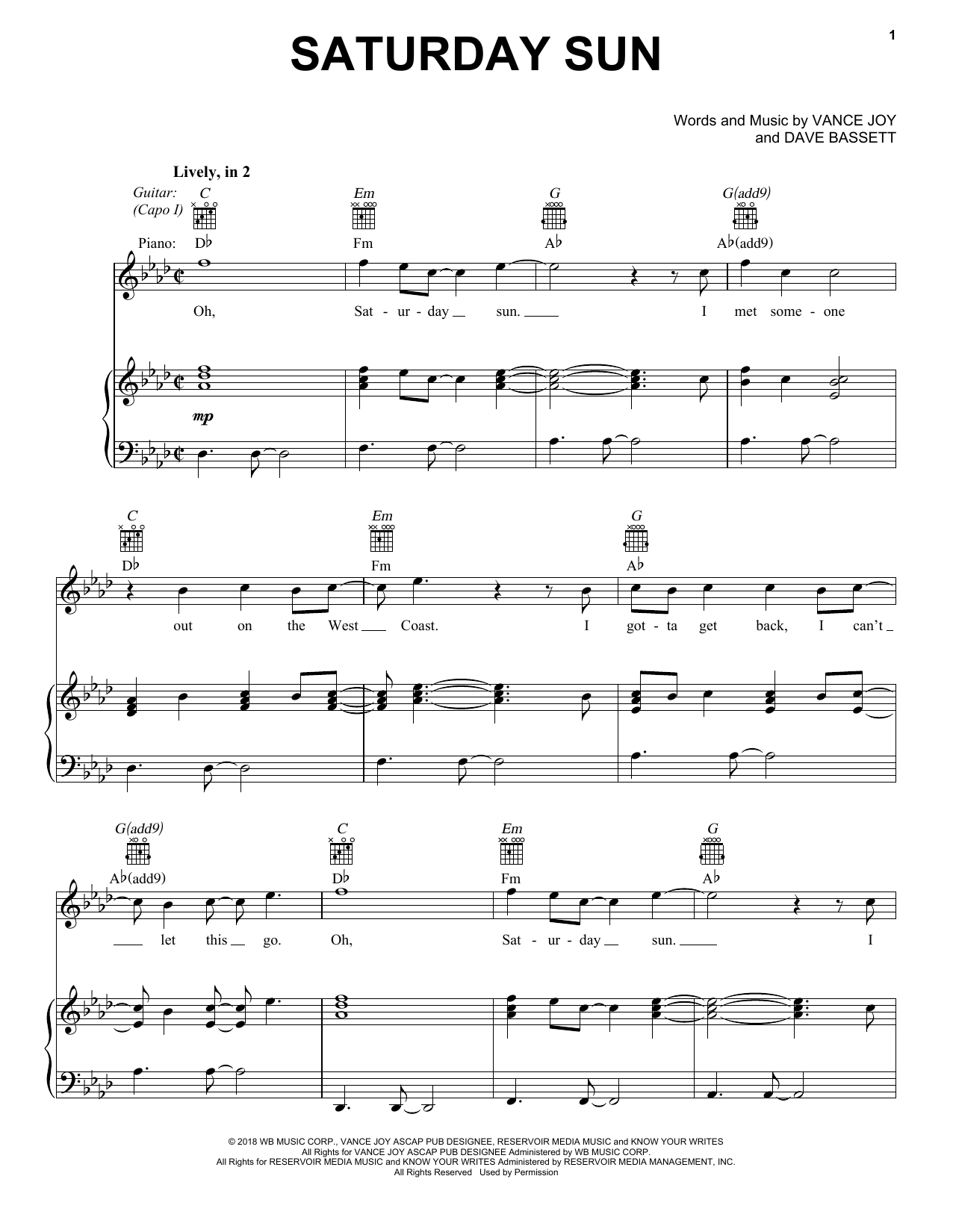 Vance Joy Saturday Sun Sheet Music Notes & Chords for Piano, Vocal & Guitar (Right-Hand Melody) - Download or Print PDF