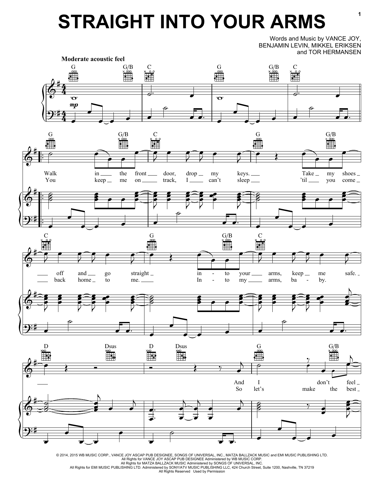 Vance Joy Straight Into Your Arms Sheet Music Notes & Chords for Piano, Vocal & Guitar (Right-Hand Melody) - Download or Print PDF