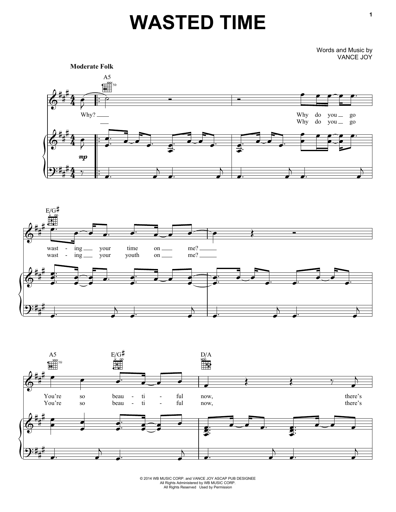 Vance Joy Wasted Time Sheet Music Notes & Chords for Piano, Vocal & Guitar (Right-Hand Melody) - Download or Print PDF