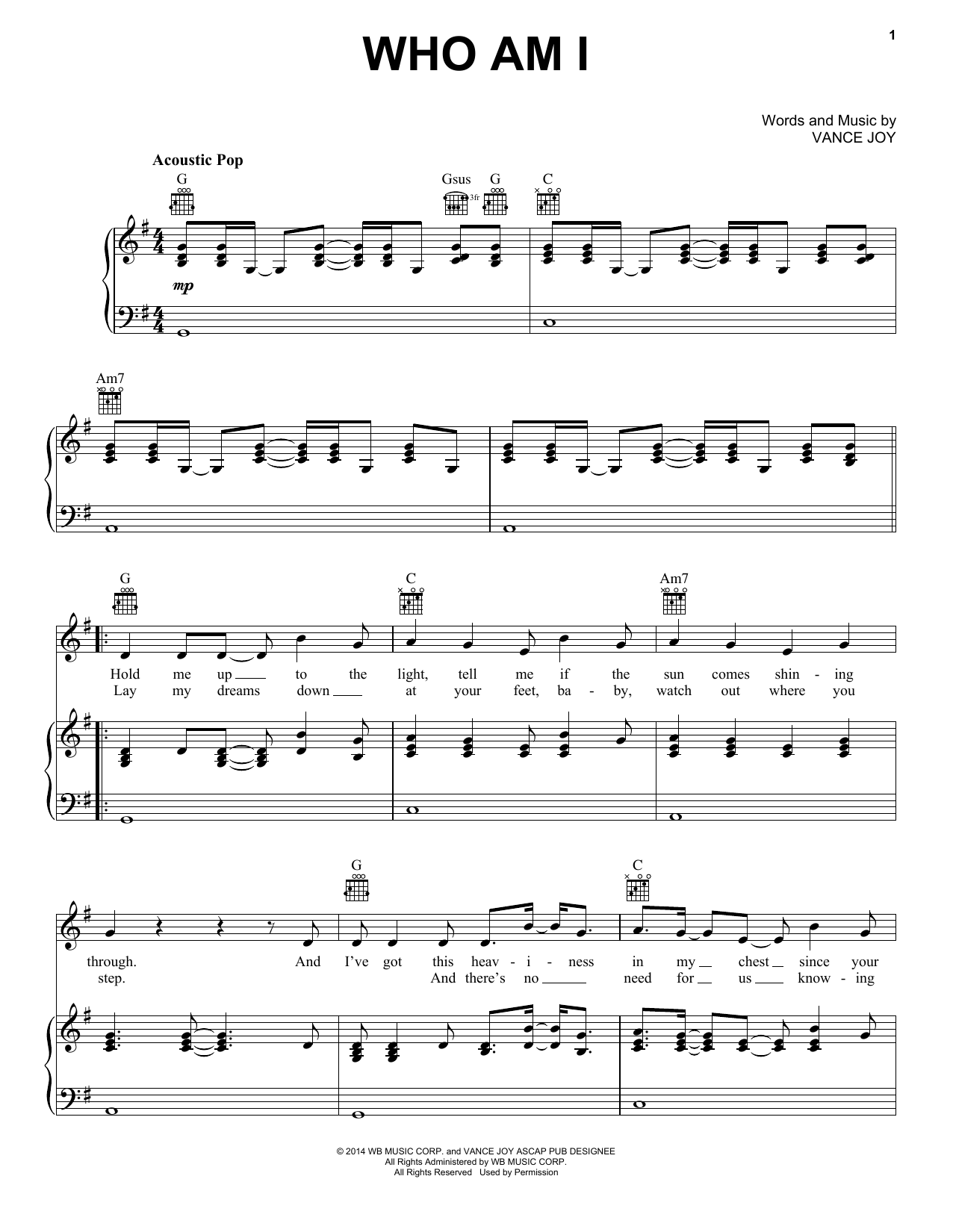 Vance Joy Who Am I Sheet Music Notes & Chords for Piano, Vocal & Guitar (Right-Hand Melody) - Download or Print PDF