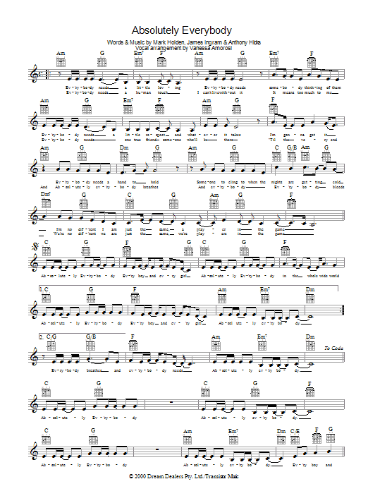 Vanessa Amorosi Absolutely Everybody Sheet Music Notes & Chords for Melody Line, Lyrics & Chords - Download or Print PDF