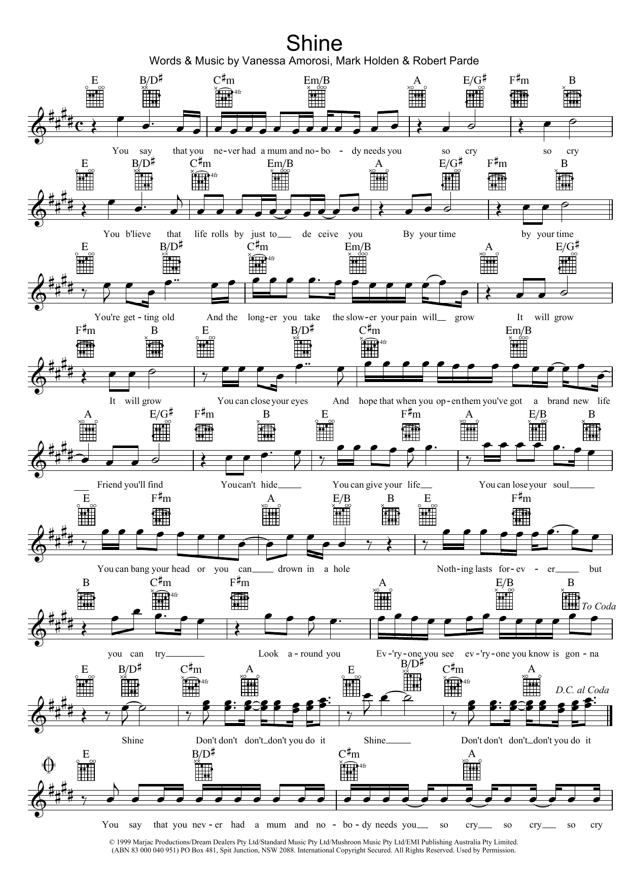 Vanessa Amorosi Shine Sheet Music Notes & Chords for Melody Line, Lyrics & Chords - Download or Print PDF
