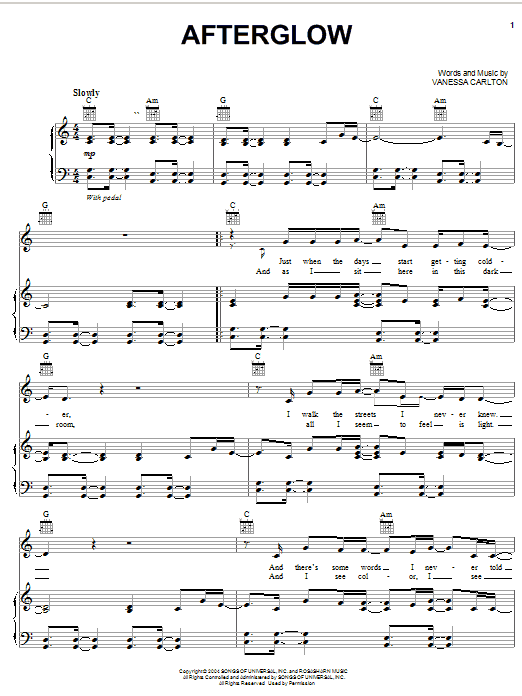 Vanessa Carlton Afterglow Sheet Music Notes & Chords for Piano, Vocal & Guitar (Right-Hand Melody) - Download or Print PDF