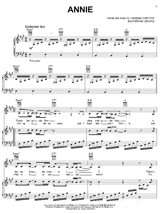 Vanessa Carlton Annie Sheet Music Notes & Chords for Piano, Vocal & Guitar (Right-Hand Melody) - Download or Print PDF