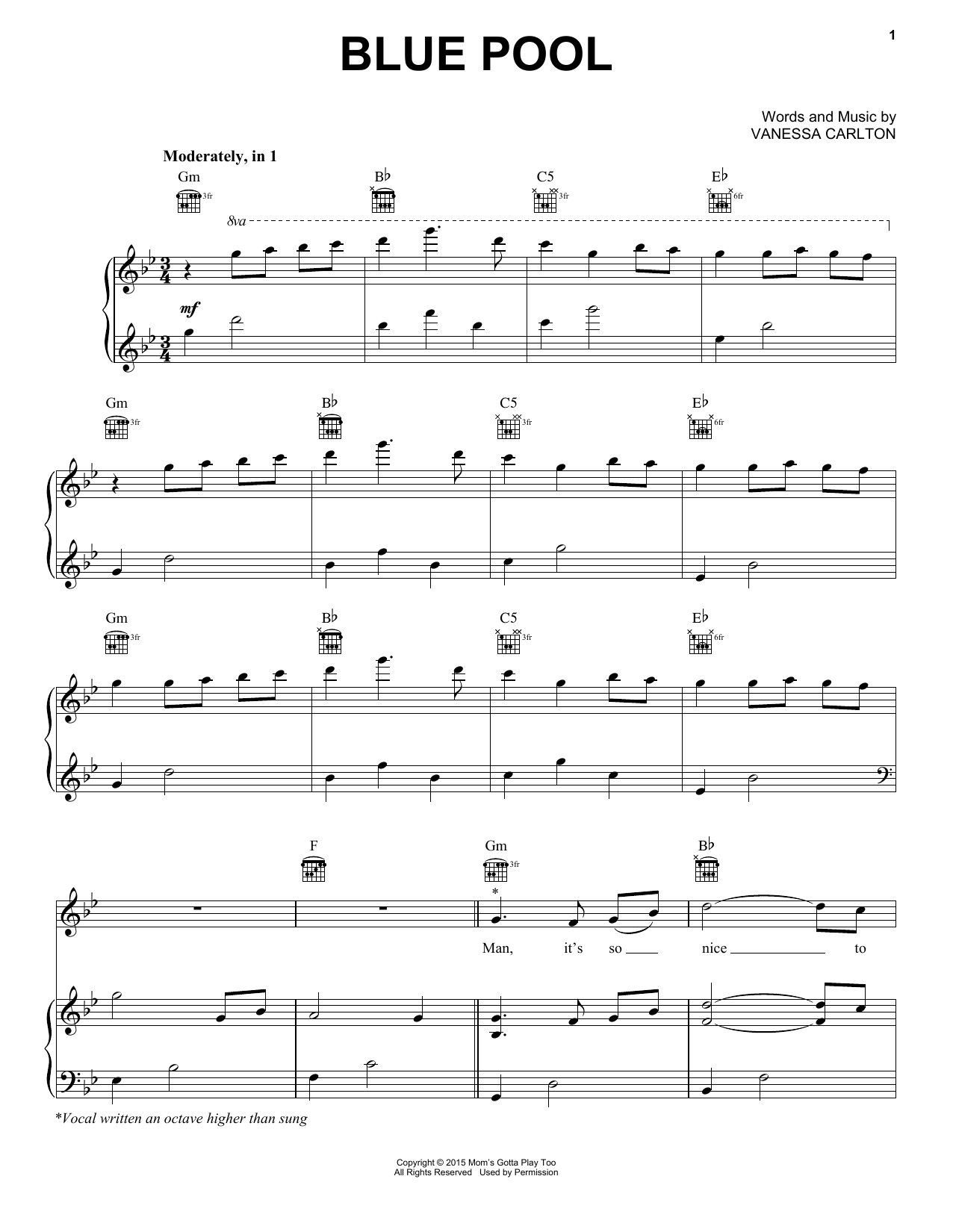 Vanessa Carlton Blue Pool Sheet Music Notes & Chords for Piano, Vocal & Guitar (Right-Hand Melody) - Download or Print PDF
