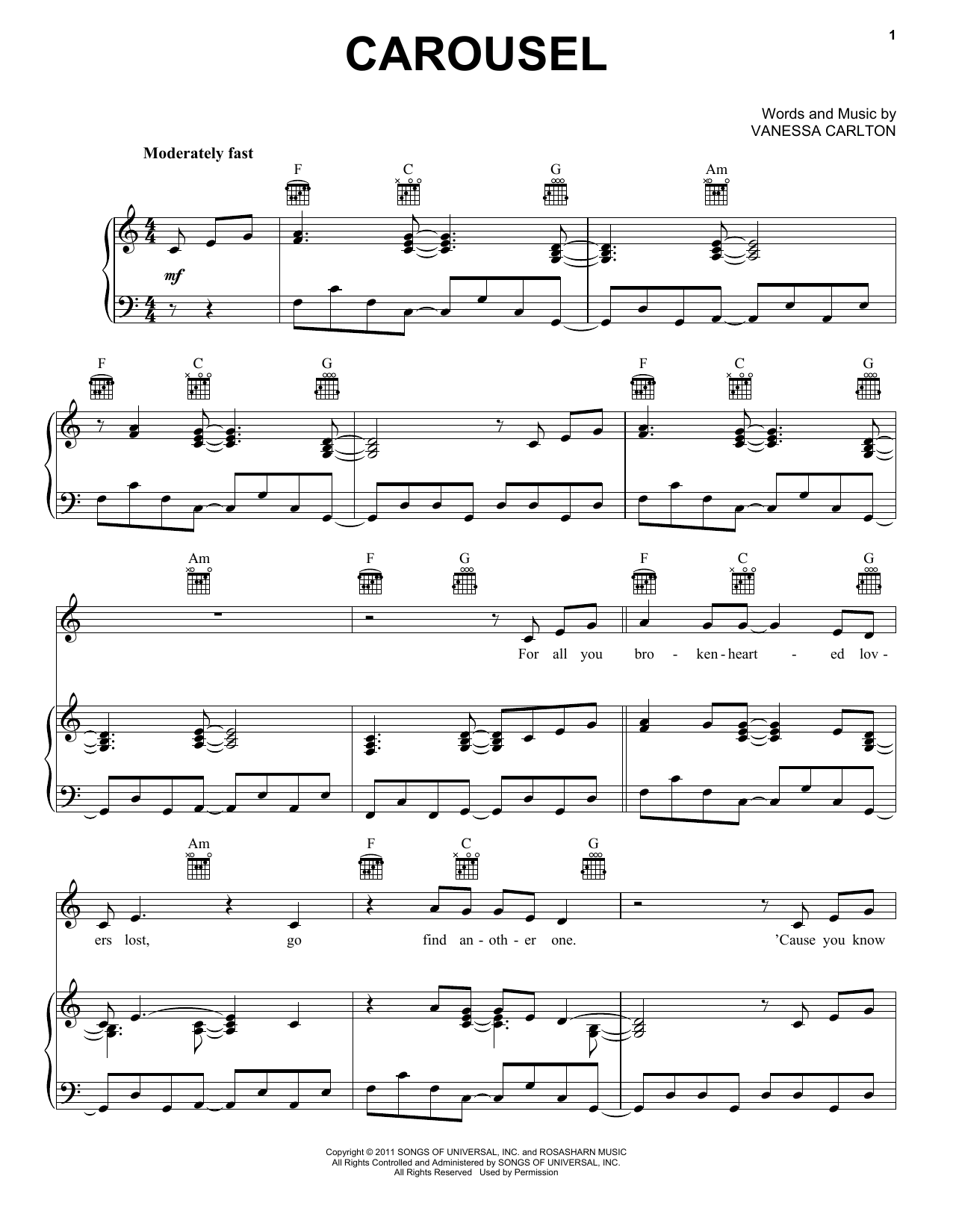 Vanessa Carlton Carousel Sheet Music Notes & Chords for Piano, Vocal & Guitar (Right-Hand Melody) - Download or Print PDF