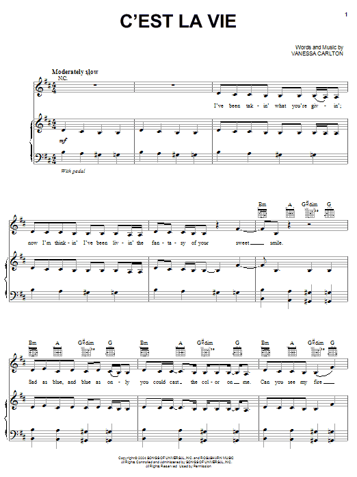 Vanessa Carlton C'est La Vie Sheet Music Notes & Chords for Piano, Vocal & Guitar (Right-Hand Melody) - Download or Print PDF