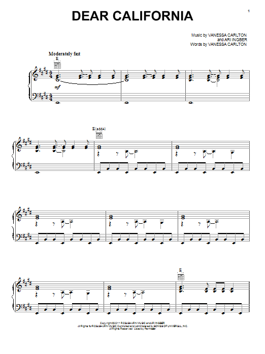 Vanessa Carlton Dear California Sheet Music Notes & Chords for Piano, Vocal & Guitar (Right-Hand Melody) - Download or Print PDF