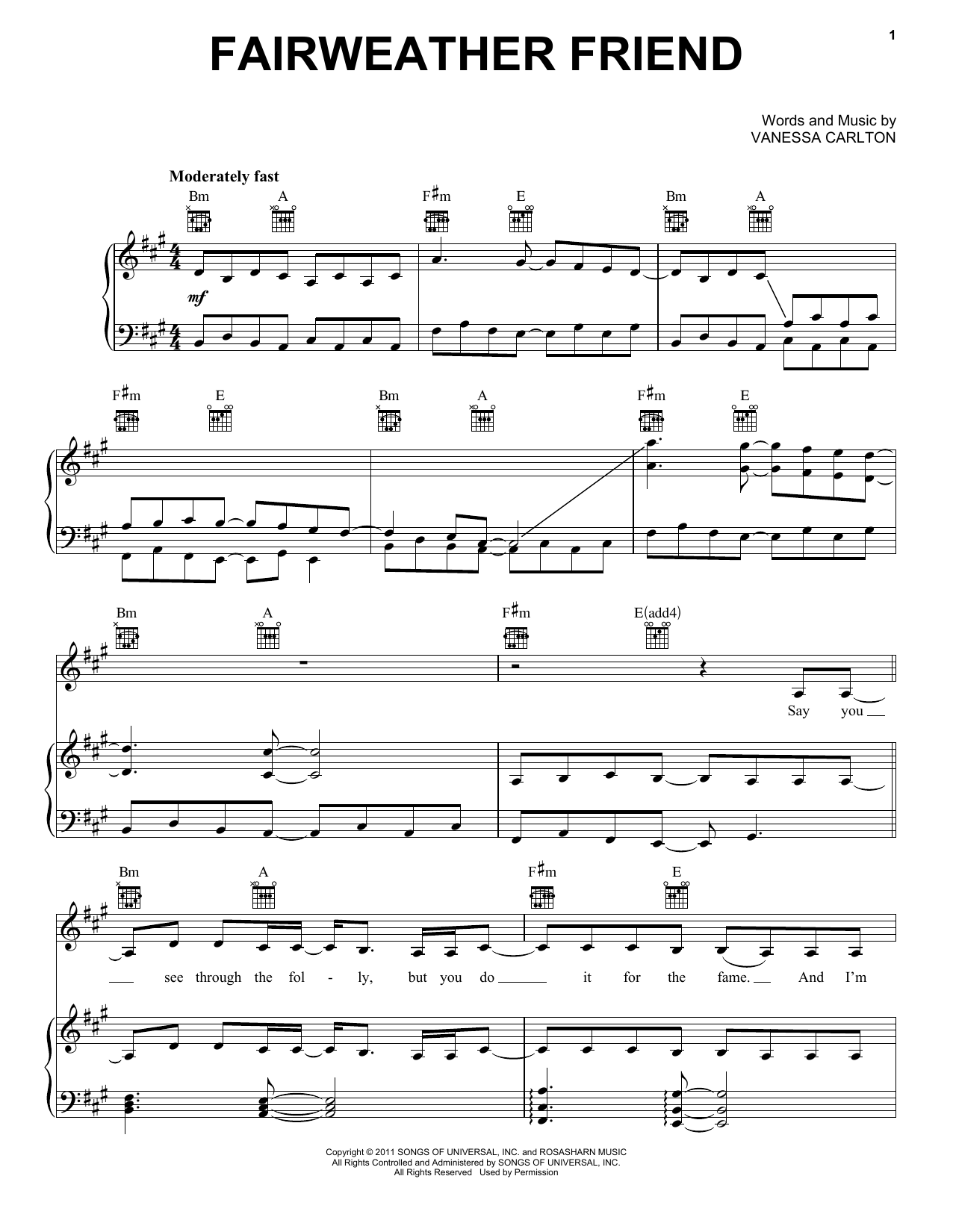 Vanessa Carlton Fairweather Friend Sheet Music Notes & Chords for Piano, Vocal & Guitar (Right-Hand Melody) - Download or Print PDF