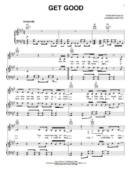 Vanessa Carlton Get Good Sheet Music Notes & Chords for Piano, Vocal & Guitar (Right-Hand Melody) - Download or Print PDF