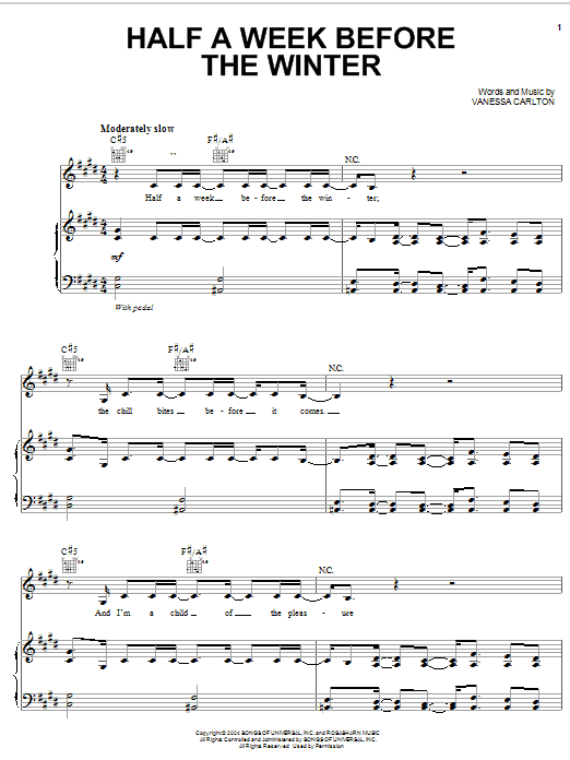 Vanessa Carlton Half A Week Before The Winter Sheet Music Notes & Chords for Piano, Vocal & Guitar (Right-Hand Melody) - Download or Print PDF