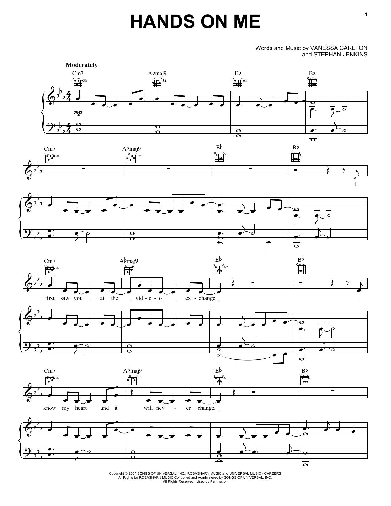 Vanessa Carlton Hands On Me Sheet Music Notes & Chords for Piano, Vocal & Guitar (Right-Hand Melody) - Download or Print PDF
