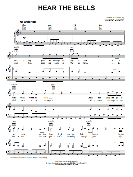 Vanessa Carlton Hear The Bells Sheet Music Notes & Chords for Piano, Vocal & Guitar (Right-Hand Melody) - Download or Print PDF