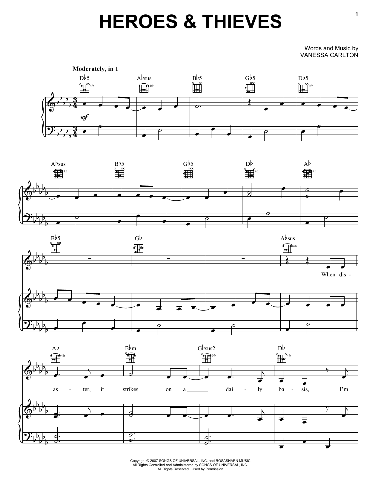 Vanessa Carlton Heroes & Thieves Sheet Music Notes & Chords for Piano, Vocal & Guitar (Right-Hand Melody) - Download or Print PDF