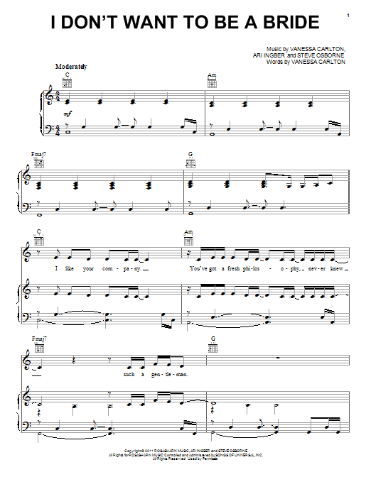 Vanessa Carlton I Don't Want To Be A Bride Sheet Music Notes & Chords for Piano, Vocal & Guitar (Right-Hand Melody) - Download or Print PDF