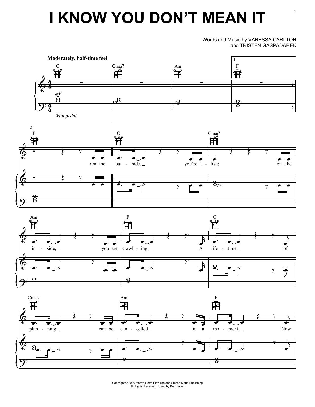 Vanessa Carlton I Know You Don't Mean It Sheet Music Notes & Chords for Piano, Vocal & Guitar (Right-Hand Melody) - Download or Print PDF