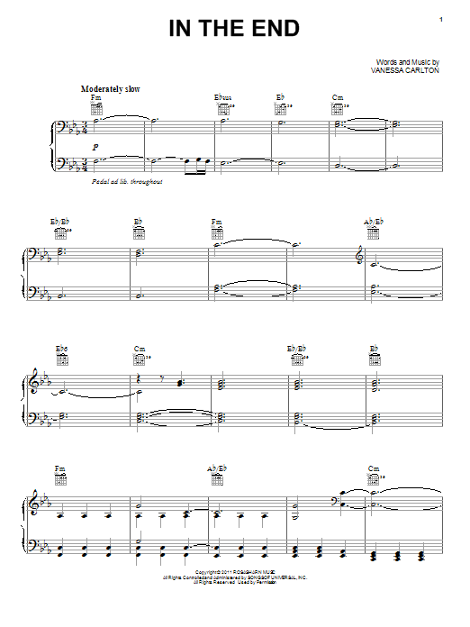 Vanessa Carlton In The End Sheet Music Notes & Chords for Piano, Vocal & Guitar (Right-Hand Melody) - Download or Print PDF