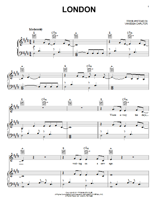 Vanessa Carlton London Sheet Music Notes & Chords for Piano, Vocal & Guitar (Right-Hand Melody) - Download or Print PDF
