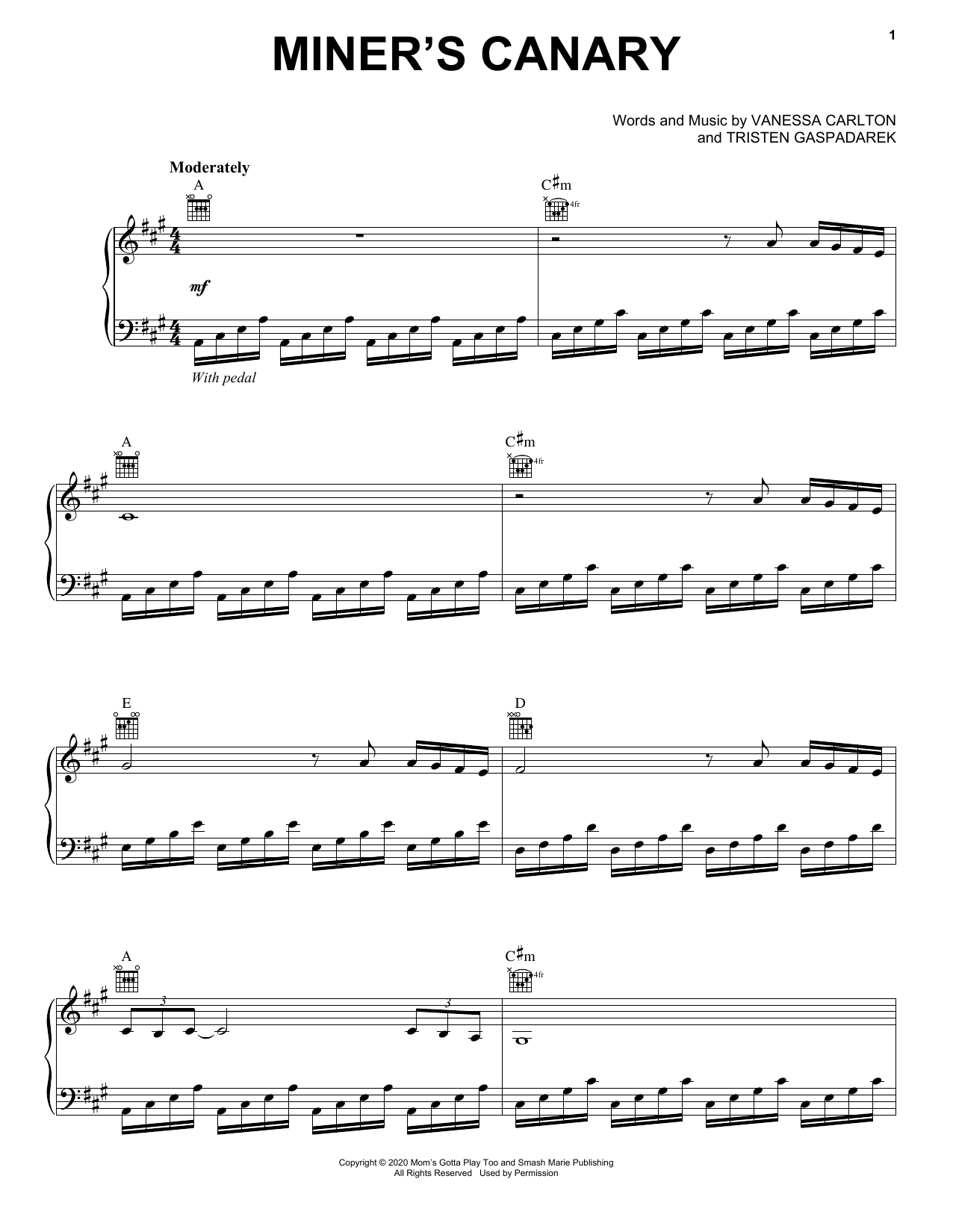 Vanessa Carlton Miner's Canary Sheet Music Notes & Chords for Piano, Vocal & Guitar (Right-Hand Melody) - Download or Print PDF