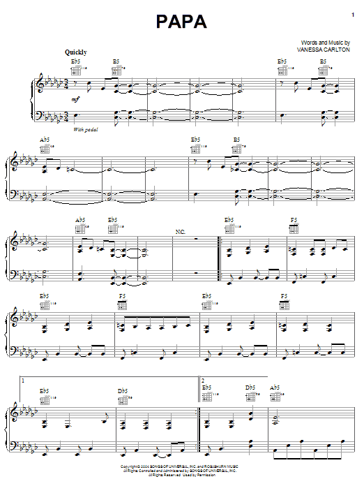 Vanessa Carlton Papa Sheet Music Notes & Chords for Piano, Vocal & Guitar (Right-Hand Melody) - Download or Print PDF