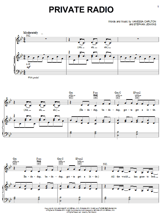 Vanessa Carlton Private Radio Sheet Music Notes & Chords for Piano, Vocal & Guitar (Right-Hand Melody) - Download or Print PDF
