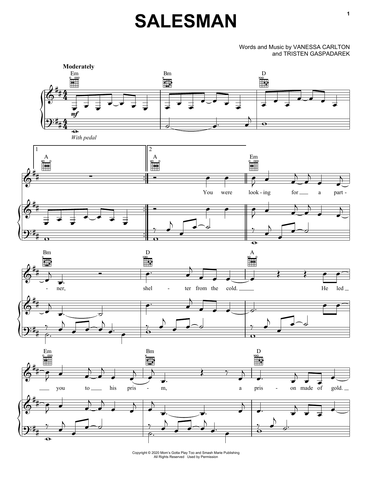 Vanessa Carlton Salesman Sheet Music Notes & Chords for Piano, Vocal & Guitar (Right-Hand Melody) - Download or Print PDF
