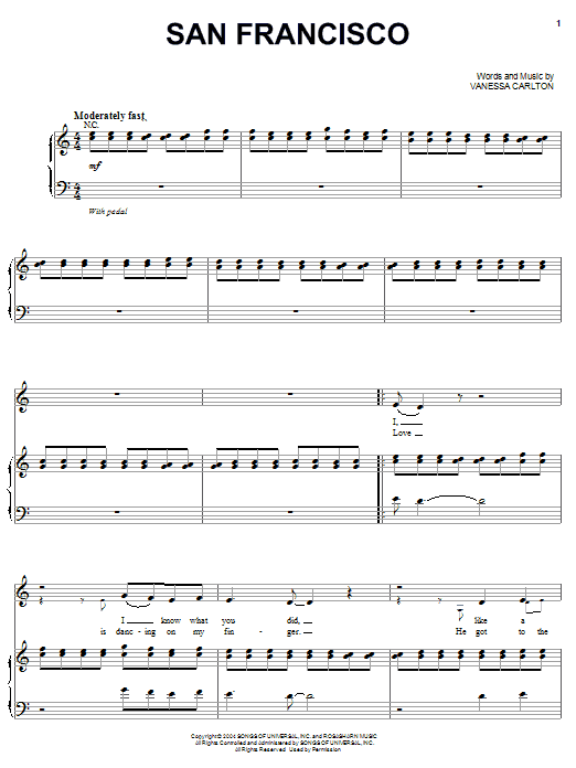 Vanessa Carlton San Francisco Sheet Music Notes & Chords for Piano, Vocal & Guitar (Right-Hand Melody) - Download or Print PDF