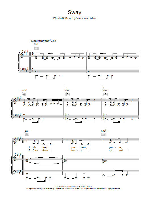 Vanessa Carlton Sway Sheet Music Notes & Chords for Piano, Vocal & Guitar - Download or Print PDF