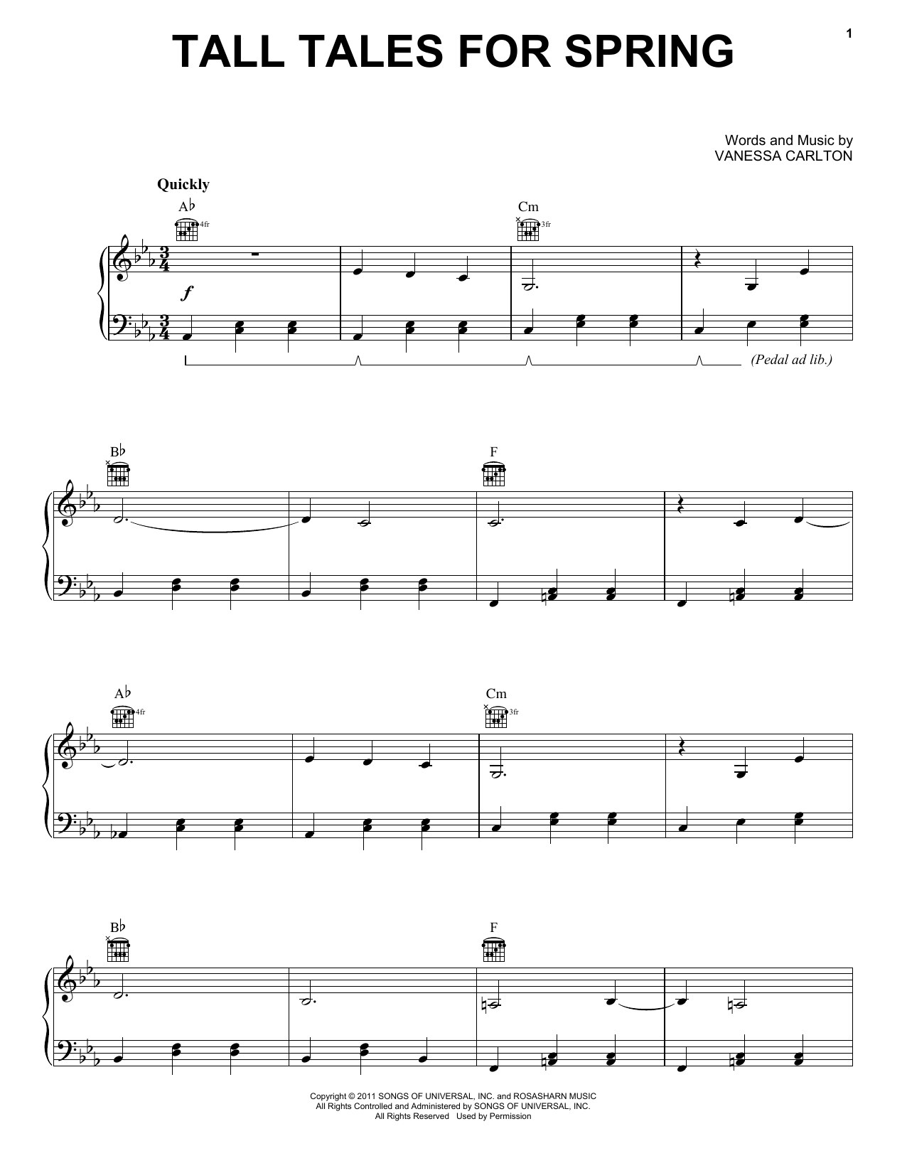 Vanessa Carlton Tall Tales For Spring Sheet Music Notes & Chords for Piano, Vocal & Guitar (Right-Hand Melody) - Download or Print PDF