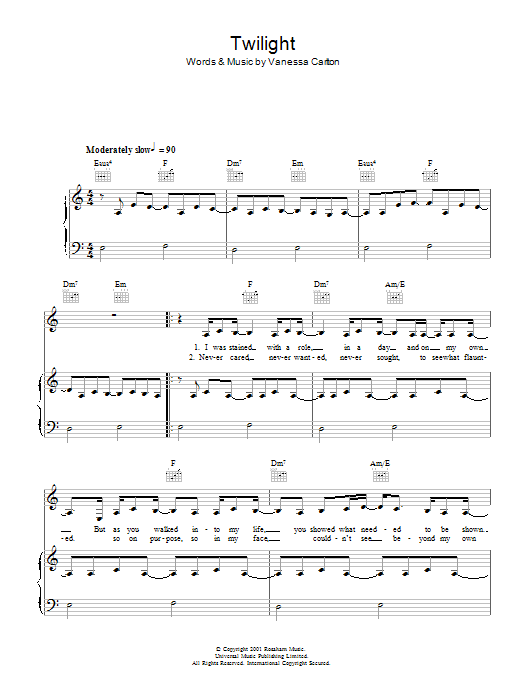 Vanessa Carlton Twilight Sheet Music Notes & Chords for Piano, Vocal & Guitar - Download or Print PDF