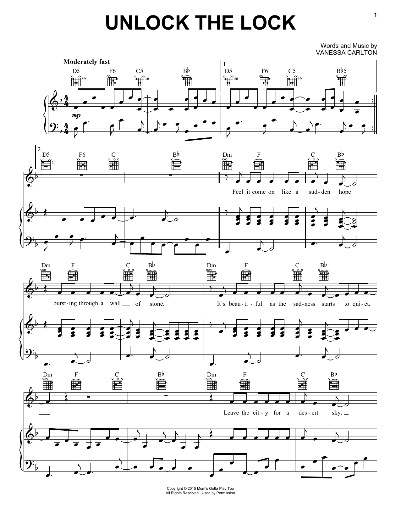 Vanessa Carlton Unlock The Lock Sheet Music Notes & Chords for Piano, Vocal & Guitar (Right-Hand Melody) - Download or Print PDF