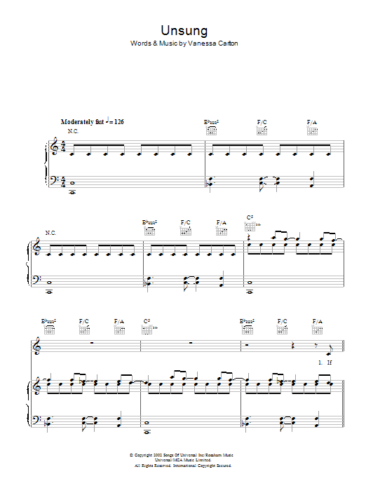Vanessa Carlton Unsung Sheet Music Notes & Chords for Piano, Vocal & Guitar - Download or Print PDF